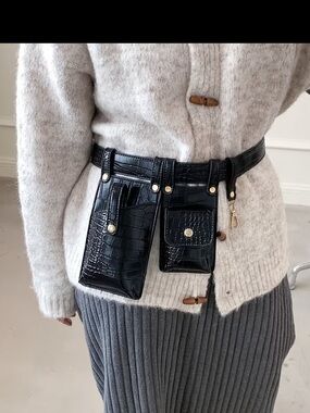 Black Croc-Embossed Multi-Pouch Belt Bag